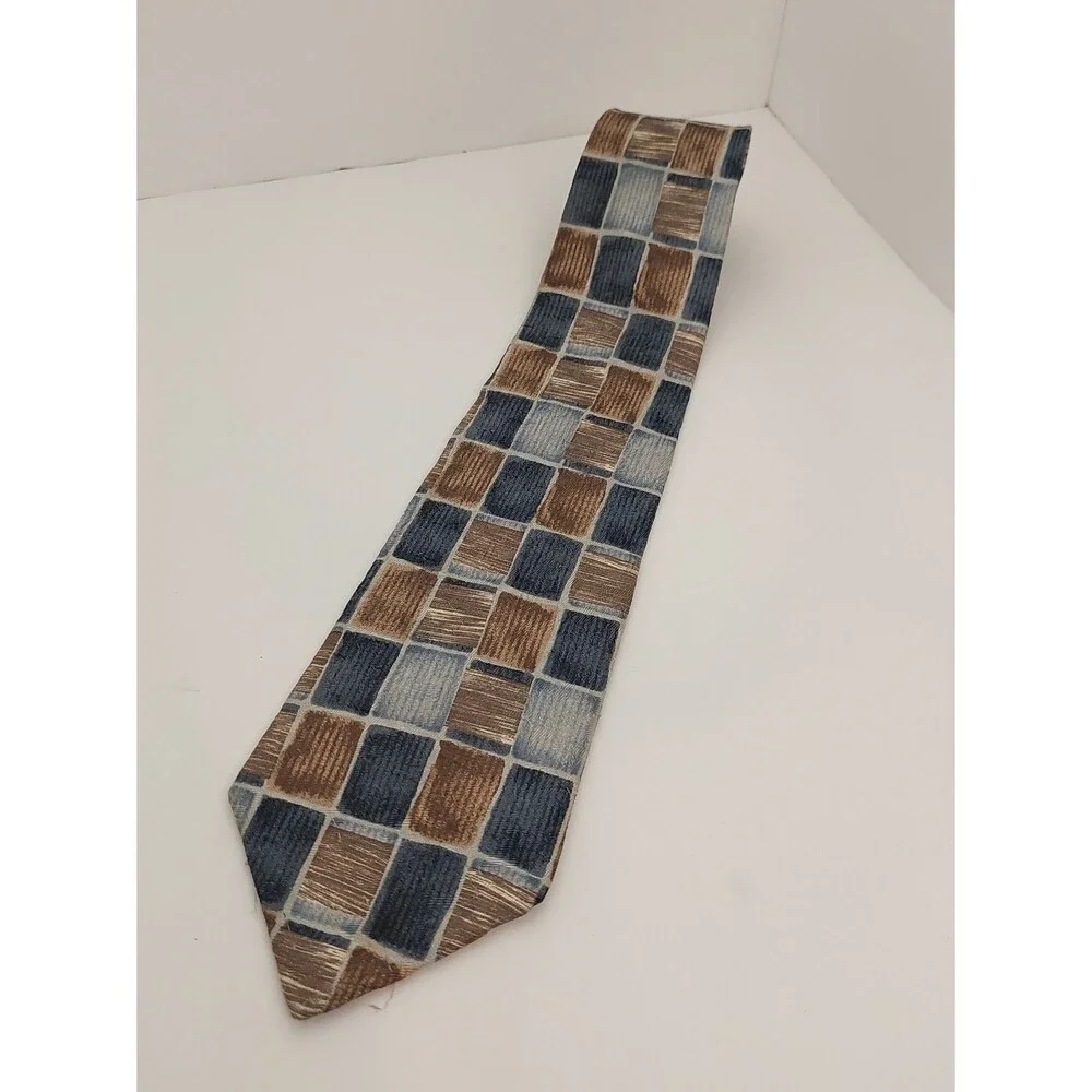 Como Men's Tie Rectangular Pattern Blue Tan Gray
